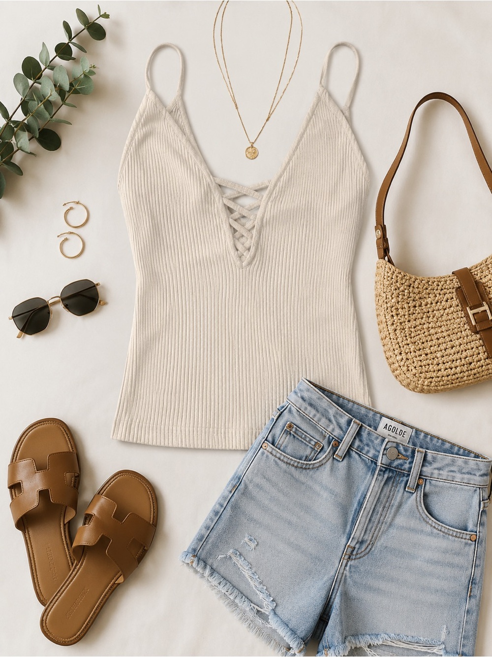 Free People Cream Ribbed Lace-Up V-Neck Cami